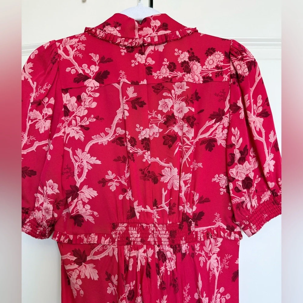ME+EM 2 Modern Botanical Print Midi Dress Raspberry Red EUC Floral Short Sleeve - Picture 11 of 16
